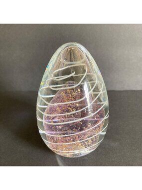 Hand Blown Glass Egg Shaped Paperweight Dichroic Purple And Gold White Swirls